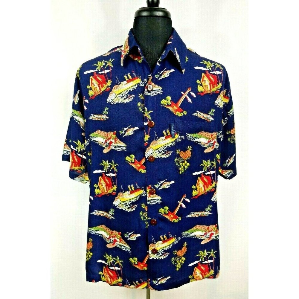 Mango Moon Mens Large Hawaiian Cruise Surf Camp Short Sleeve Shirt BlueRayon